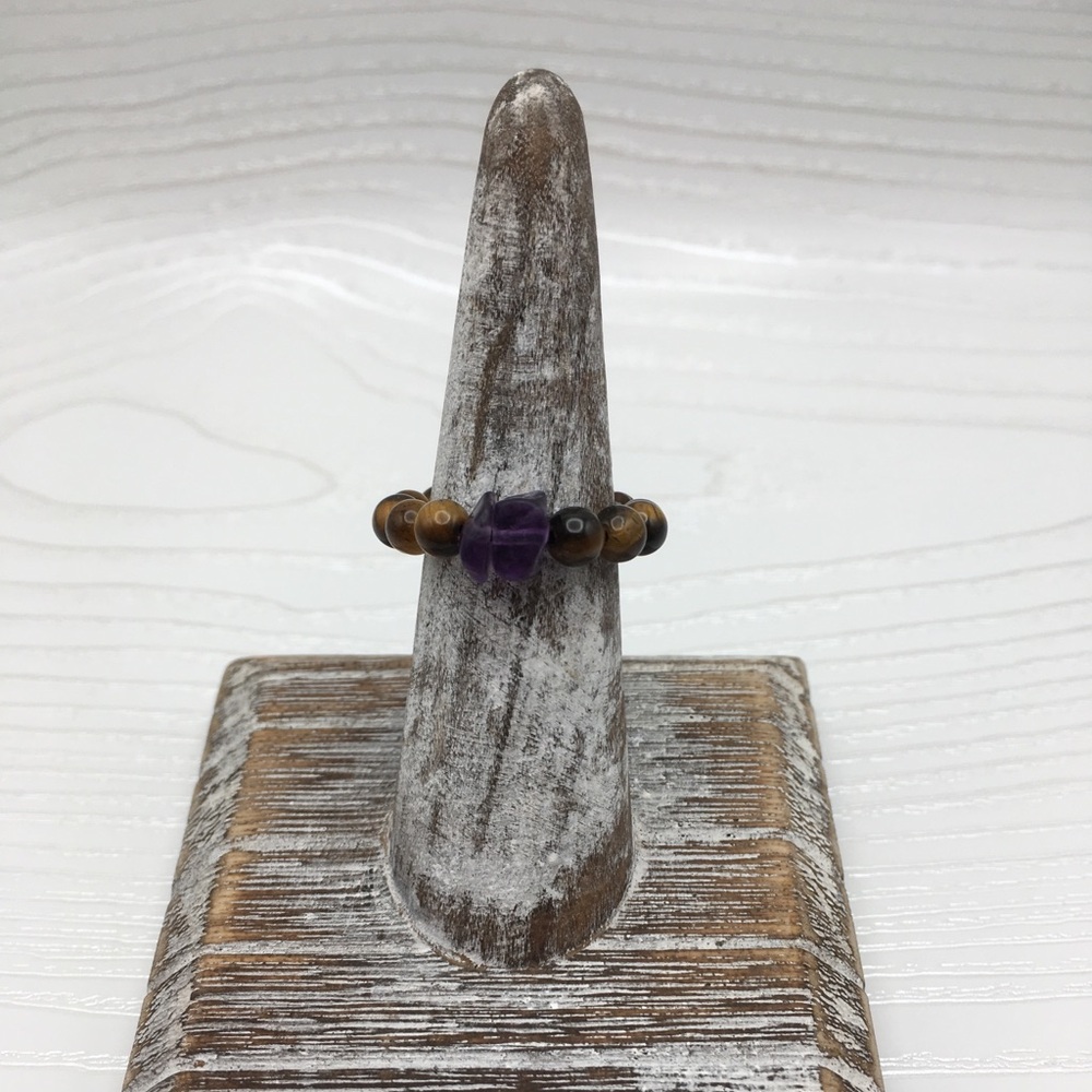 HANDCRAFTED Tiger Eye & Fluorite Chip Stretch Bead Ring